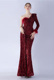 Mermaid One Shoulder Sequin Formal Dress With Feathers