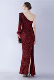 Mermaid One Shoulder Sequin Formal Dress With Feathers