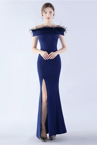 Navy Off the Shoulder Mermaid Formal Dress With Feather