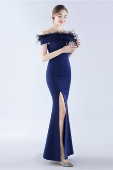 Navy Off the Shoulder Mermaid Formal Dress With Feather