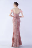 Mermaid Spaghetti Straps Sequin Formal Evening Dress With Feathers