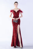 Mermaid Spaghetti Straps Sequin Formal Evening Dress With Feathers