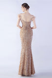 Mermaid Spaghetti Straps Sequin Formal Evening Dress With Feathers