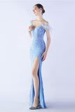 Mermaid Spaghetti Straps Sequin Formal Evening Dress With Feathers