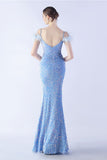 Mermaid Spaghetti Straps Sequin Formal Evening Dress With Feathers