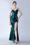 Burgundy Spaghetti Straps V-neck Sequin Sheath Formal Dress with Slit