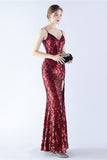 Burgundy Spaghetti Straps V-neck Sequin Sheath Formal Dress with Slit