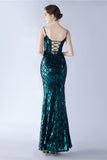 Burgundy Spaghetti Straps V-neck Sequin Sheath Formal Dress with Slit