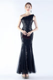 Burgundy Mermaid One Shoulder Mesh and Beaded Evening Dress With Feathers