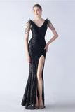 Lilac Mermaid V Neck Sequin and Beaded Ostrich Feathers Evening Dress With Slit