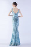 Lilac Mermaid V Neck Sequin and Beaded Ostrich Feathers Evening Dress With Slit