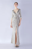 Navy Sequin V-neck Half Sleeves Sheath Formal Dress with Feather