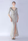 Navy Sequin V-neck Half Sleeves Sheath Formal Dress with Feather