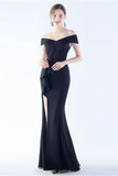 Navy Off the Shoulder Mermaid Formal Dress with Slit