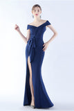 Navy Off the Shoulder Mermaid Formal Dress with Slit