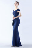 Navy Off the Shoulder Mermaid Formal Dress with Slit