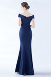 Navy Off the Shoulder Mermaid Formal Dress with Slit