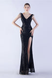 Lilac Mermaid V Neck Side Slit Beaded Evening Dress With Feather