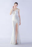 Lilac Mermaid V Neck Side Slit Beaded Evening Dress With Feather