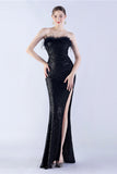 Dark Green Strapless Sequin Sheath Formal Dress with Feather