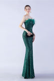 Dark Green Strapless Sequin Sheath Formal Dress with Feather