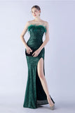 Dark Green Strapless Sequin Sheath Formal Dress with Feather