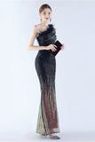 Glitter Black Beaded Bodycon Feather Slope-Neck One-Shoulder Evening Dress With Slit