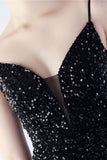 Glitter Mermaid Spaghetti Straps Beaded Symphony Black Formal Dress With Side Slit