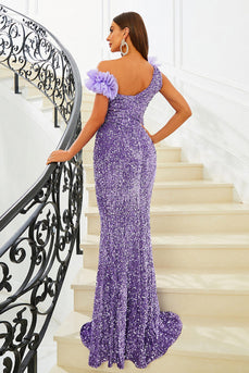 Purple Sequins Mermaid One Shoulder Formal Dress