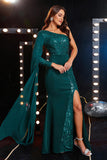 Peacock One Shoulder Chiffon and Sequin Mermaid Formal Dress