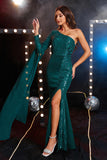 Peacock One Shoulder Chiffon and Sequin Mermaid Formal Dress