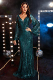 Peacock Sequin V-Neck Long Sleeves Mermaid Formal Dress