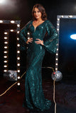 Peacock Sequin V-Neck Long Sleeves Mermaid Formal Dress