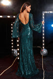 Peacock Sequin V-Neck Long Sleeves Mermaid Formal Dress