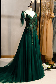 A-Line Spaghetti Straps Dark Green Formal Dress with Beading