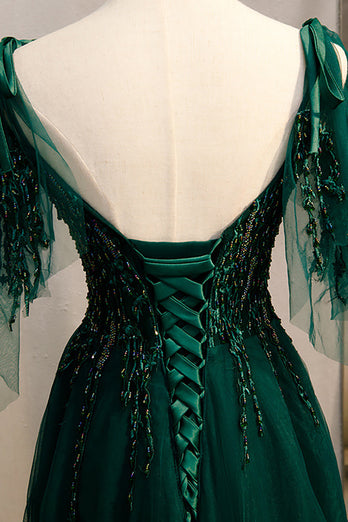 A-Line Spaghetti Straps Dark Green Formal Dress with Beading