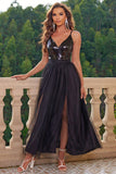 Sparkly Black Spaghetti Straps Formal Dress with Slit