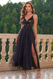 Sparkly Black Spaghetti Straps Formal Dress with Slit