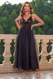 Sparkly Black Spaghetti Straps Formal Dress with Slit