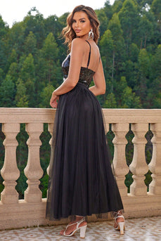 Sparkly Black Spaghetti Straps Formal Dress with Slit