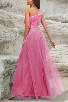 Sparkly One Shoulder Pink Formal Dress with Sequins