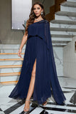 Navy One Shoulder Formal Dress with Slit