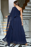 Navy One Shoulder Formal Dress with Slit