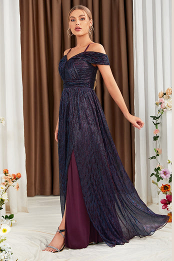 Glitter A-Line Purple Long Formal Dress with Slit