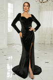 Black Mermaid Sweetheart Neck Velvet Long Formal Dress with Slit