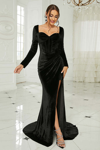 Black Mermaid Sweetheart Neck Velvet Long Formal Dress with Slit
