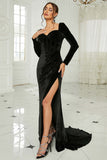 Black Mermaid Sweetheart Neck Velvet Long Formal Dress with Slit