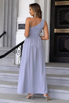 Dusty Blue A-Line One Shoulder Formal Dress with Slit