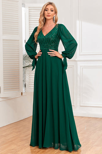 Dark Green A-Line V Neck Long Formal Dress With Sequins