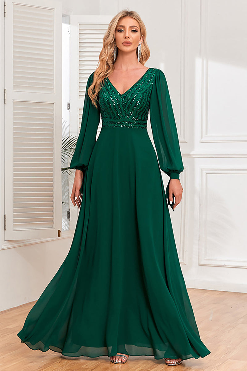 Load image into Gallery viewer, Dark Green A-Line V Neck Long Formal Dress With Sequins